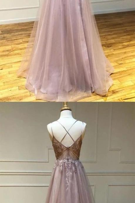 Light Pink Tulle Lace V Neck Long Dress, Long A Line Open Back Evening Dress