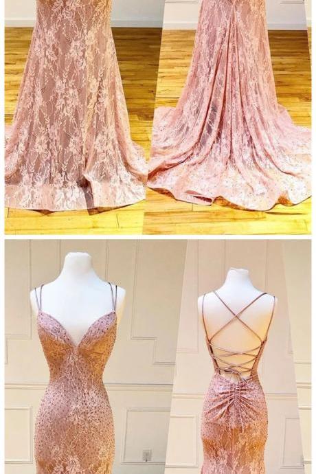 Unique Pink Long Mermaid Open Back Lace Dress, Senior Prom Dress