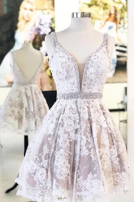 White Lace V Neck Pearl Beaded Short Prom Dress, Homecoming Dress