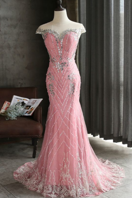 Pink Tulle Shinny Beaded Long Mermaid Evening Dress
