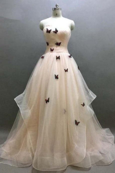Ivory Sweetheart Ruffle Prom Dress, Beautiful Butterfly Appliques Lace Up Prom Dress, Prom Dresses,