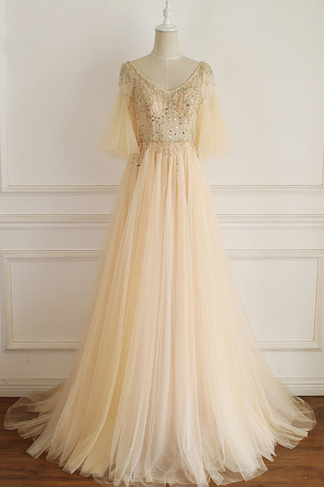 Gorgeous Tulle Champagne Prom Dress With Beadings, A-line Long Formal Gown