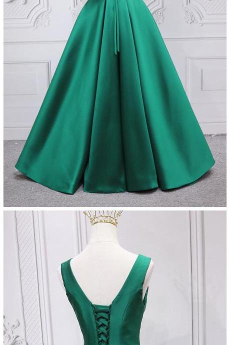Green Satin Long A-line Prom Dress, Simple Party Dress, Green Long Prom Dresses