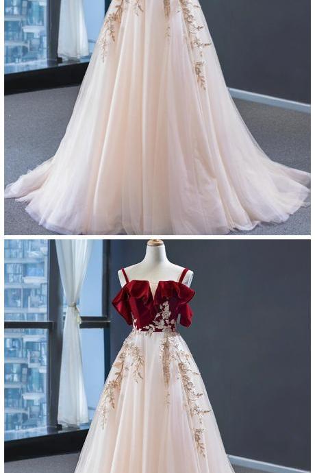 Gorgeous Red Velvet With Ivory Tulle Straps Long Party Dress, Wedding Party Dress