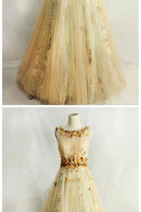 Beautiful Floral Tulle Champagne Long Party Dress, A-line Formal Gown Prom Dress