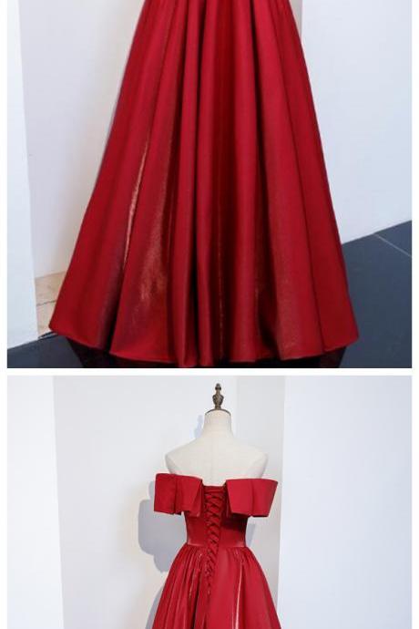 Red A-line Long Prom Dress, Evening Gown, Red Satin Wedding Party Dress