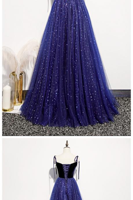 Blue Tulle And Velvet Straps Long Party Dress, Blue Prom Dress