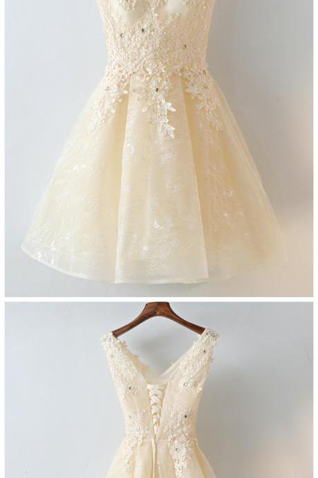 Adorable Champagne Short Lace V-neckline Homecoming Dress, Short Prom Dress