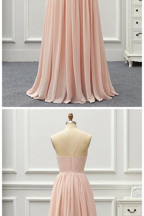 Beautiful Pink Chiffon Strps Long Prom Dress, Pink Bridesmaid Dress, Evening Gown
