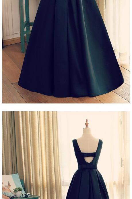 Beautiful Long Black Satin Evening Gown, Backless Long Prom Dress