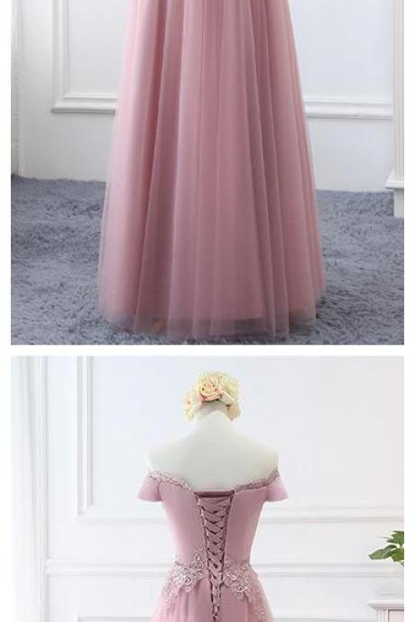 Lovely Pink Tulle Long Bridesmaid Dress 2020, Off Shoulder Evening Gown