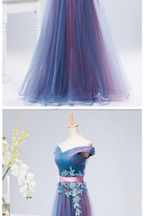 Beautiful Blue And Pink Party Gown With Lace,sweetheart Long Bridesmaid Dress
