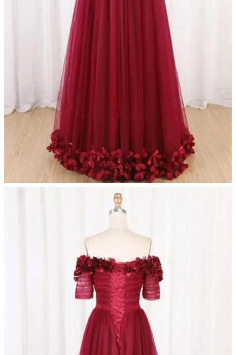 Beautifl Wine Red Tulle Short Sleeve Formal Dress, Prom Dresses