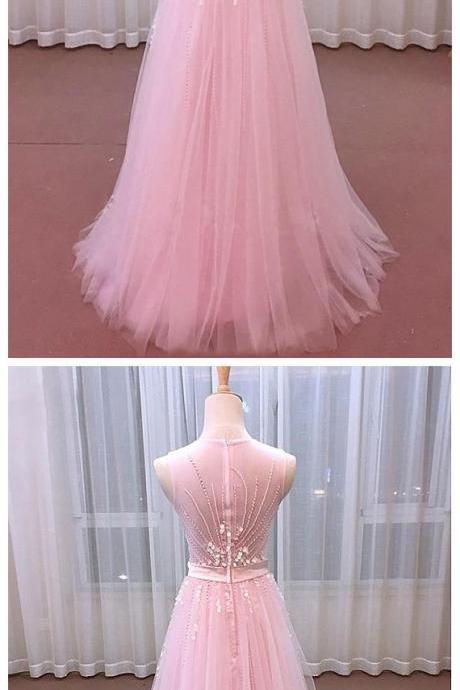 Pink Tulle Round Neckline Beaded Party Gown, Pink Prom Dress 2020