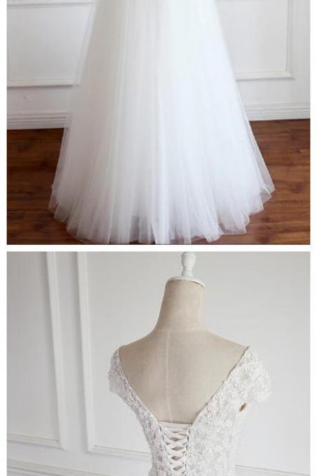Beautiful White Tulle Long Wedding Party Dress, Handmade Prom Dress