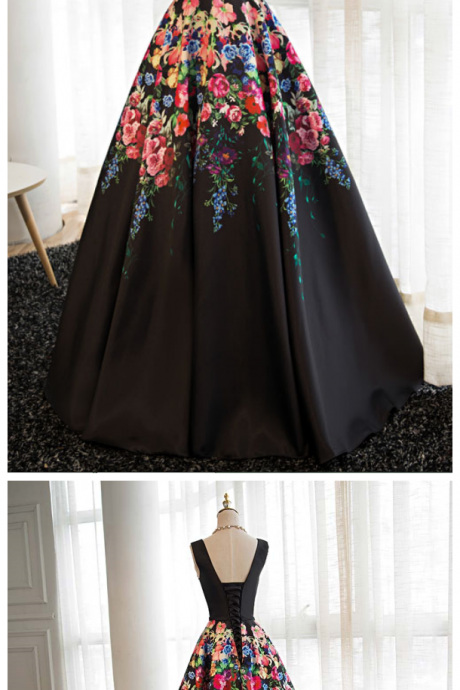 Elegant Black V-neckline Floral Satin Party Dress, Black Prom Dress 2020