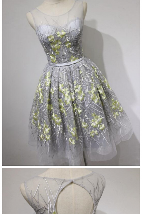 Lovely Grey Lace Round Neckline Knee Length Party Dress, Grey Homecoming Dress