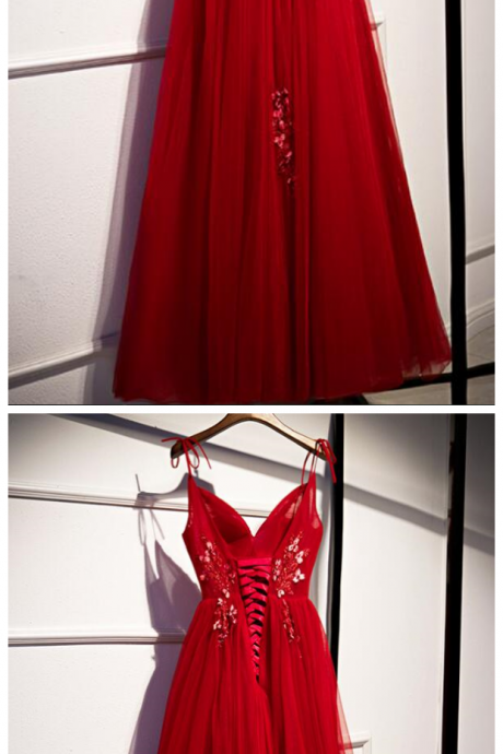 Beautiful Red Tulle V-neckline Long Prom Dress, Sexy Formal Gown 2020