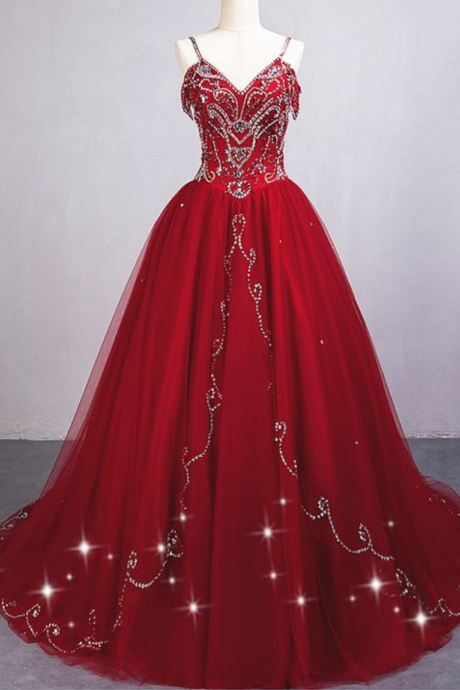 Charming Red Tulle Beaded Straps Sweet 16 Dresses, Handmade High Quality Prom Dress