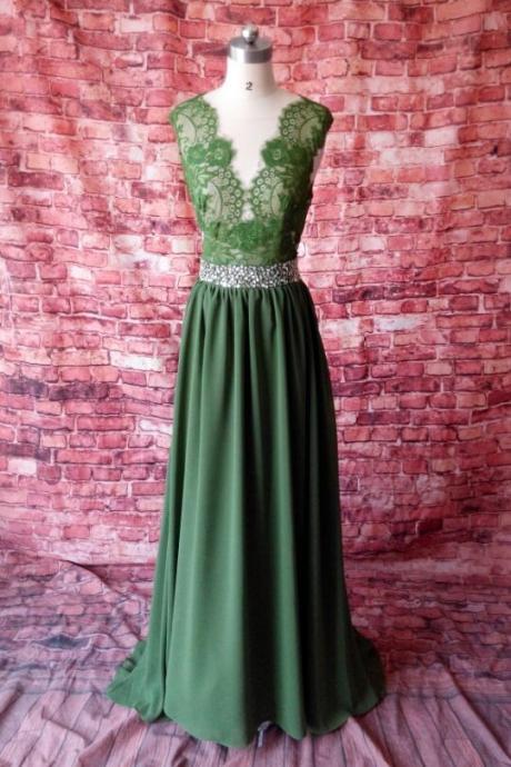 Beautiful Green Chiffon Long Prom Dress With Lace Top, Sexy Party Gown