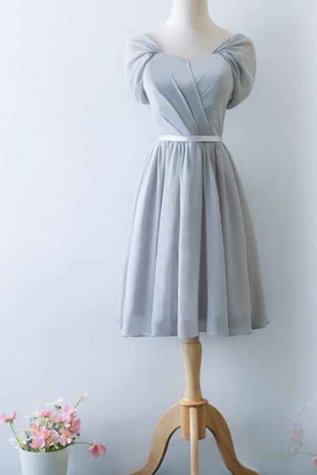 Light Sliver-grey Knee Length Party Dress, Chiffon Bridesmaid Dress