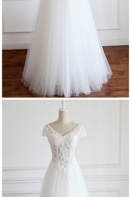 Tulle V Neck Cap Sleeve Long Lace Wedding Dress, Formal Prom Dress