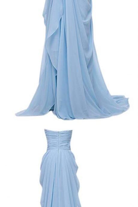 Light Blue Chiffon Sweetheart Beaded Long Formal Dress, Blue Gown