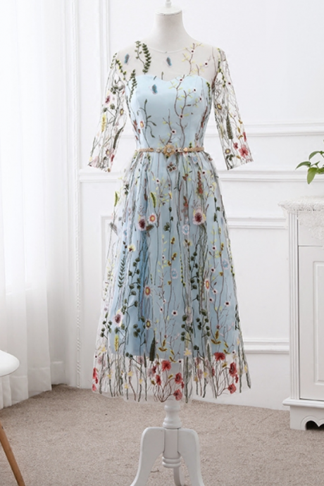 Light Blue Bridesmaid Dress, Beautiful Flowers Gown