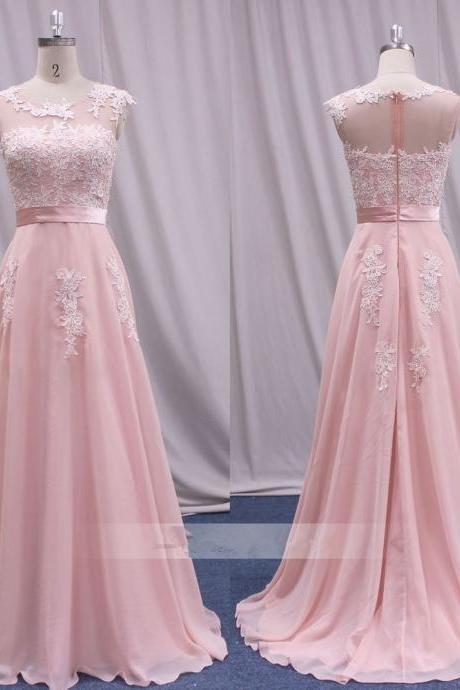 Charming Pink Chiffon Round Neckline Floor Length Party Dress, Pink Bridesmaid Dresses