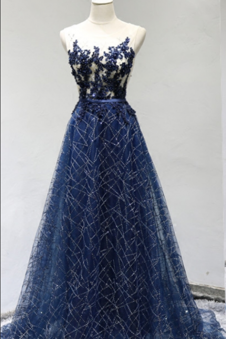 Beautiful Navy Blue Long Party Dress, Charming Gown