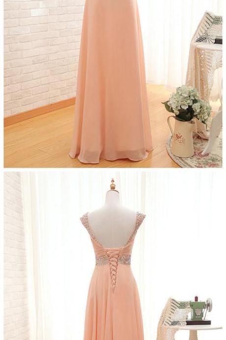 Charming Cap Sleeves Beaded Pearl Pink Chiffon Bridesmaid Dress, Long Formal Dress
