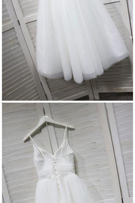 Simple White Tulle And Lace Tea Length Wedding Dress, Lovely Beach Bridal Dress