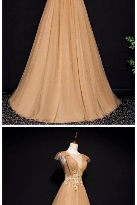 Gold Tulle Long Party Gown With Applique, Elegant Formal Dress