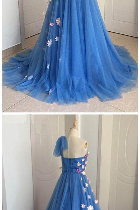 Blue Tulle With Flowers One Shoulder Long Formal Dress, Beautiful Prom Gowns