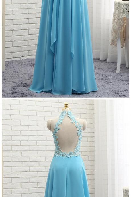 Blue Halter Lace Applique Charming Evening Dress, Blue Long Senior Prom Dress