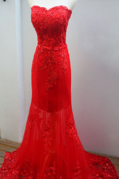 Beautiful Red Lace Sweetheart Mermaid Wedding Party Dress, Beautiful Red Formal Gown