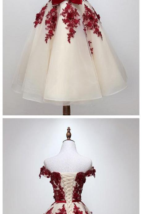 Charming Tulle Champagne With Burgundy Lace Applique Off Shoulder Tulle Dress, Cute Party Dress