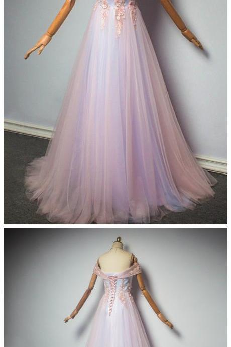 Pink Off Shoulder Tulle Junior Party Dress, Charming Formal Gown, Prom Dresses