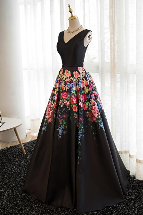 Black Floral Satin V-neckline Prom Dress, Charming Formal Gown, Party Dresses
