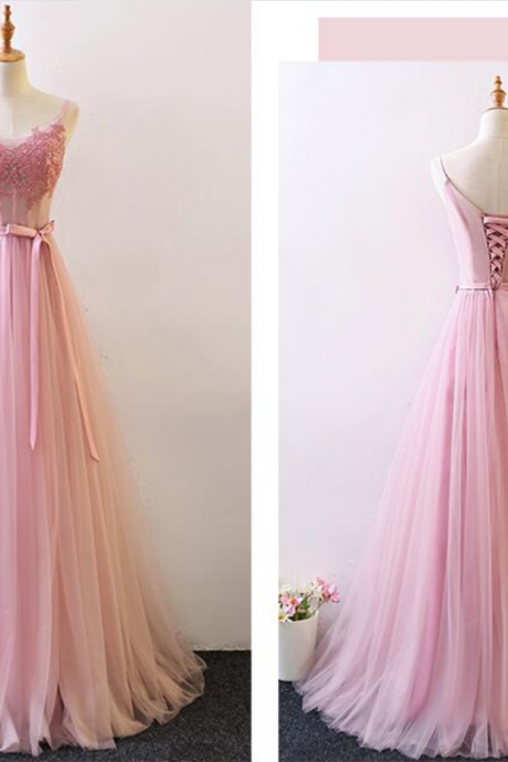 Pink Straps Tulle A-line Lace Applique Wedding Party Dress, Style Prom Dress