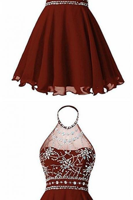 Beautiful Wine Red Halter Homecoming Dress, Beaded Wine Red Short Prom