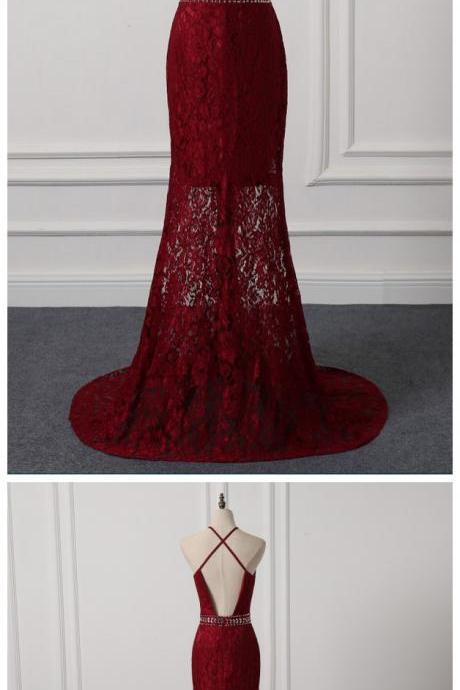 Beautiful Dark Red Lace Mermaid Long Formal Dress, Wine Red Wedding Party Dresses