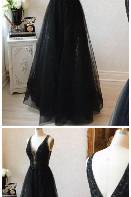 V-neck Black Floor Length Long Prom Dresses Modest Party Gowns