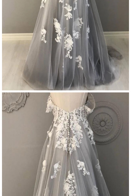 Spaghetti Straps Sweep Train Tulle Prom Dress, A Line Lace Appliqued Formal Dresses