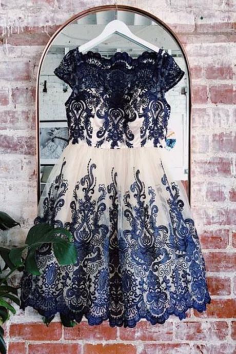 Blue lace applique short prom dress, blue bridesmaid dress