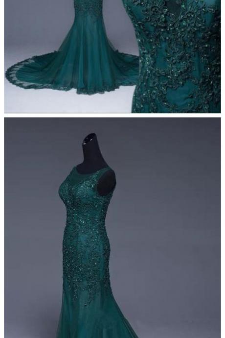 Emerald Green Tulle Mermaid Prom Dresses Lace Appliques Formal Dress
