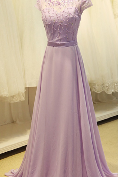 Cap Sleeve Light Purple Long Chiffon Prom Dress A Line Party Dresses Bridesmaid Dress