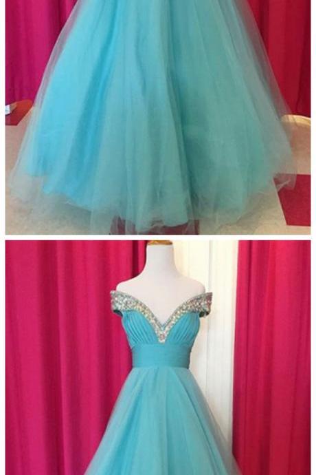 Fabulous Off Shoulder Floor Length Blue Ruched Prom Dress With Beading