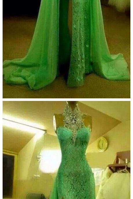 Custom Made Green Lace Prom Dress,sexy Halter Evening Dress,beading Side Slit Party Dress