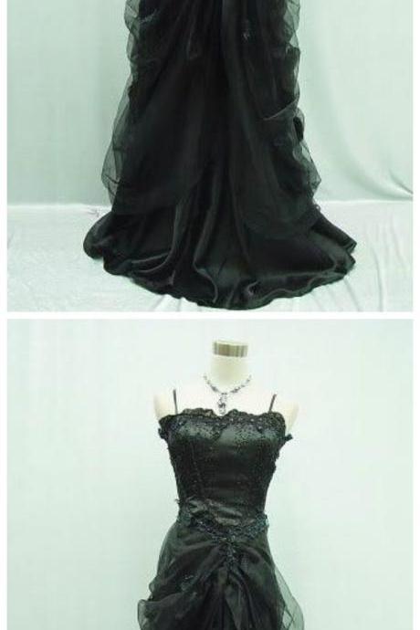 Custom Charming Black Chiffon Prom Dress,Sexy Spaghetti Straps Evening Dress,Beading Prom Dress